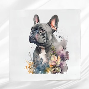 May include: A watercolor painting of a French bulldog with a white chest and a floral background. The dog is looking to the left of the image. The flowers are in shades of pink, purple, and yellow.