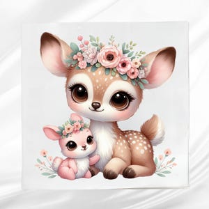 Fawn and Bunny Fabric Panel ~ Woodland Animals Quilt Block ~ Square fabric panel for sewing projects