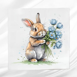 Bunny with Blue Bouquet Fabric Panel: Easter Quilt Block