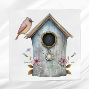 Blue Birdhouse Fabric Panel: Cotton blend Quilt Block