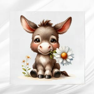 May include: A charming illustration of a baby donkey with brown fur, large eyes, and pink ears. The donkey is holding a white daisy in its mouth. Additional daisies are scattered around the donkey, creating a whimsical and adorable scene.