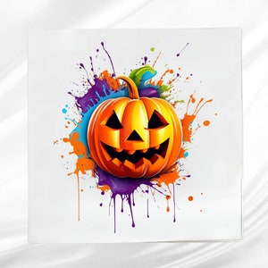 Watercolor Jack-o-lantern Fabric Panel ~ Jack-o-lantern Quilt Block ~ Square fabric panel for sewing projects