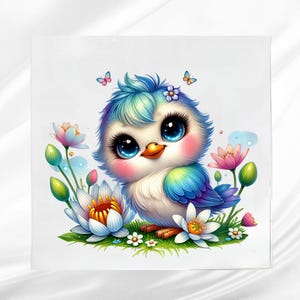Cute Bird Fabric Panel ~ Baby Bird Quilt Block ~ Square Fabric Panel for Sewing Projects