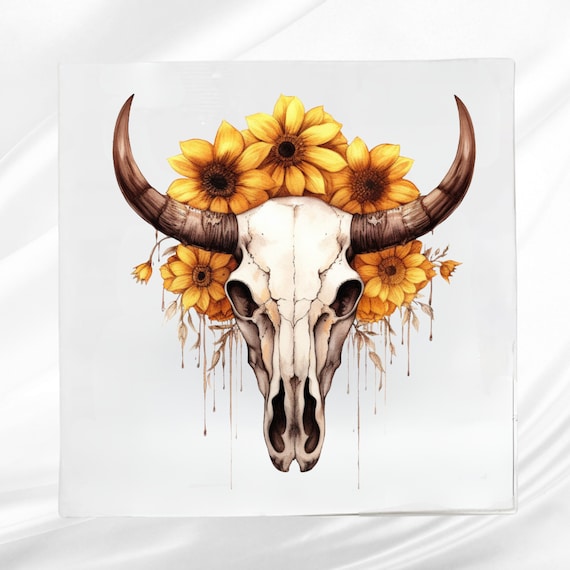 Floral Cow Skull Fabric Panel: Cotton blend Quilt Block