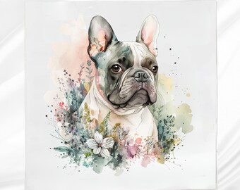 French Bulldog Fabric Panel: Floral Frenchie Quilt Block