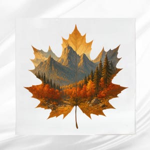 May include: A maple leaf design with a scenic autumn landscape. The leaf is in shades of orange and gold, with a detailed mountain and forest scene inside. The image evokes the fall season.