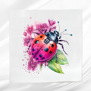 May include: A watercolor painting of a ladybug with pink and red wings and black spots. The ladybug is surrounded by pink flowers and green leaves.