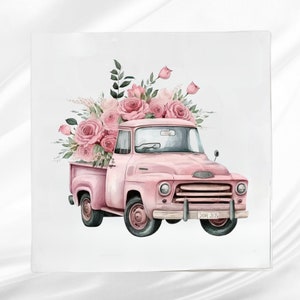 Pink Truck Fabric Panel: Floral Quilt Block for Sewing