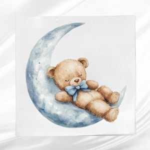 Blue Teddy Bear sleeping on the Moon Fabric Panel ~ Nursery Room Quilt Block ~ Square fabric panel for sewing projects