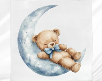 Teddy Bear Sleeping on Moon Fabric Panel: Nursery Quilt Block