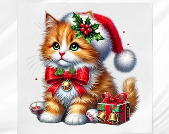 May include: A festive illustration of a ginger and white kitten wearing a Santa hat and a red bow. The kitten has green eyes and is sitting next to a wrapped gift and two golden bells. The image has a Christmas theme.