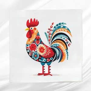 Folk Art Rooster Fabric Panel ~ Rooster Quilt Panel ~ Square fabric panel for sewing projects