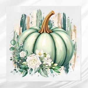 May include: A light sage green pumpkin illustration with a golden brown stem, accented by white roses and eucalyptus leaves. The background features vertical brushstrokes in shades of green, beige, and white, with the letter B visible on the left.