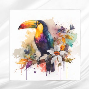 Watercolor Toucan Fabric Panel ~ Quilt Block ~ Square fabric panel for sewing projects