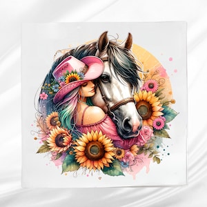 Western Horse and Cowgirl Fabric Panel ~ Horse Lovers Quilt Block ~ Square fabric panel for sewing projects