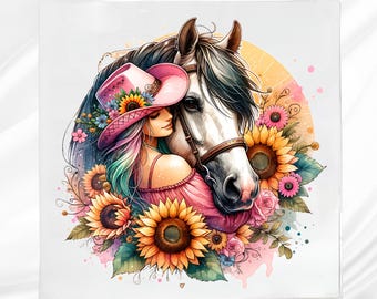 May include: A watercolor illustration of a woman in a pink cowboy hat and dress, embracing a white horse. Sunflowers and other flowers surround them, with a soft yellow and pink background.