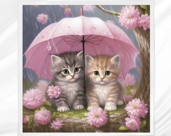 Kittens Under Umbrella Fabric Panel, DIY Quilt Block