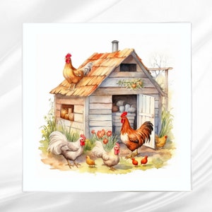 Chicken Coop Fabric Panel ~ Quilt Block ~ Square fabric panel for sewing projects
