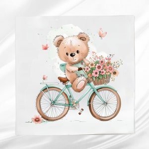 Teddy Bear on Bicycle Fabric Panel ~ Quilt Panel ~ Square Fabric panel for sewing projects