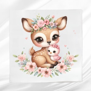 Woodland Fawn Fabric Panel ~ Woodland Animals Quilt Block ~ Square fabric panel for sewing projects
