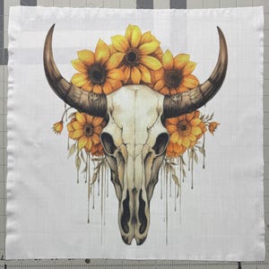 Floral Cow Skull Fabric Panel: Cotton blend Quilt Block Cotton/Poly blend
