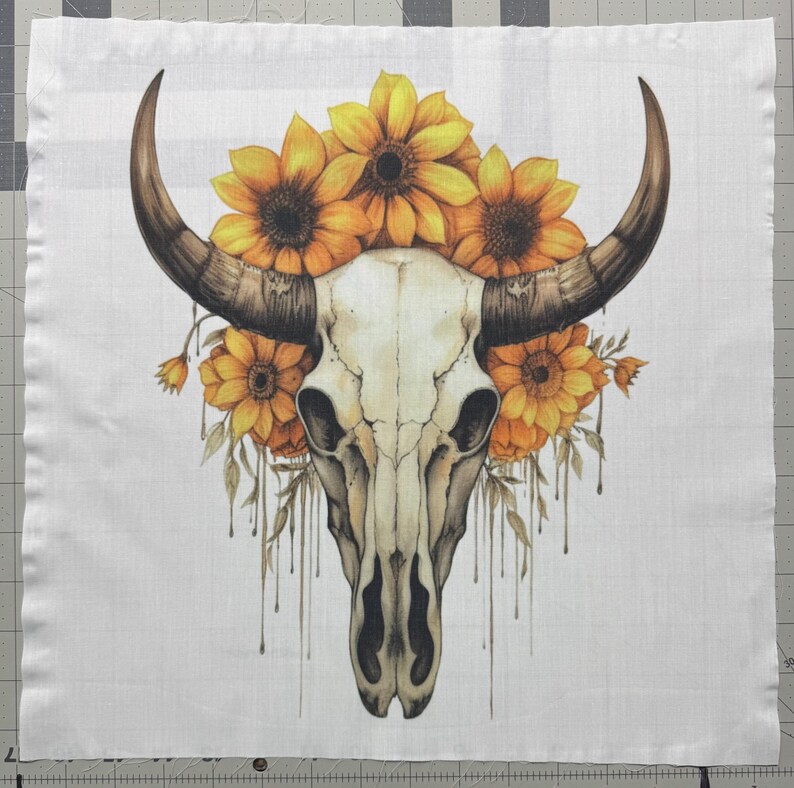 Floral Cow Skull Fabric Panel: Cotton blend Quilt Block Cotton/Poly blend