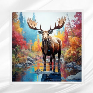 Moose Fall Foliage Fabric Panel ~ Rustic Quilt Panel ~ Square fabric panel for sewing projects