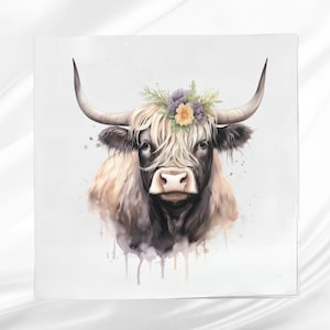 Highland Cow Floral Fabric Panel ~ Cattle Cow Quilt Panel ~ Square fabric panel for sewing projects