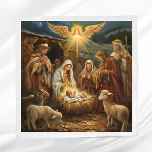 Nativity Scene Fabric Panel ~ Christmas Quilt Block ~ Square Fabric Panel for Sewing Projects