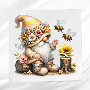 May include: A whimsical illustration of a garden gnome with a long white beard, wearing a floral-adorned hat and boots. Two bees hover nearby a yellow flower. The gnome sits on a log, surrounded by flowers.