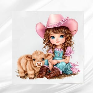 May include: A digital illustration of a young girl in a pink cowboy hat and blue overalls, sitting next to a small calf. The girl has brown curly hair and blue eyes. She wears brown cowboy boots. The calf is light brown and fluffy, with a sweet expression.