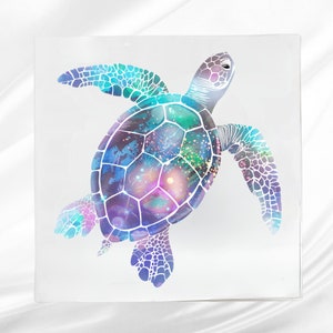 May include: A watercolor painting of a sea turtle with a galaxy design. The turtle is blue, purple, and green with a white outline.