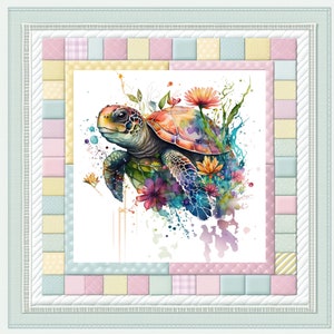 Floral Sea Turtle Fabric Panel Quilt Block Square Fabric Panel for