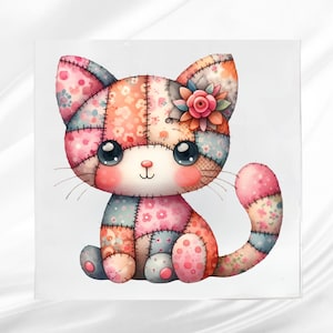 May include: A whimsical, patchwork kitten illustration. The kitten is composed of various floral and patterned fabrics in shades of pink, orange, and blue. It has large, expressive eyes, a pink nose, and a flower on its ear. The overall style is soft and inviting.