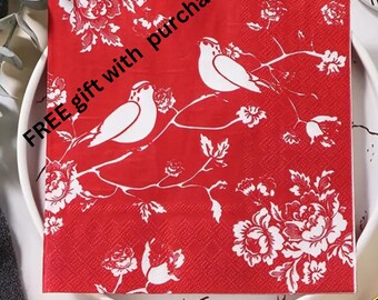 Red Toile Decoupage Napkins: Bird & Floral Collage, Set of 2