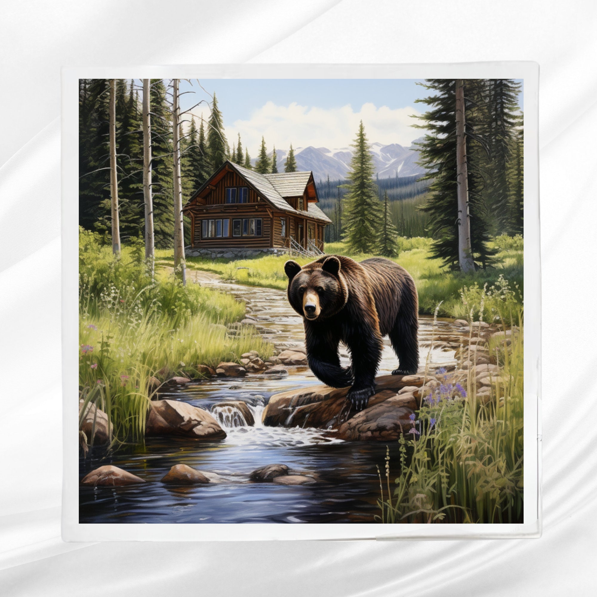 Bear Fabric Panel: Rustic Cabin Scene, Sewing & Crafting - Etsy