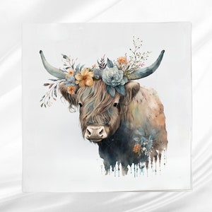 Boho Highland Cow Fabric Panel ~ Highland Cow Quilt Panel ~ Square fabric panel for sewing projects