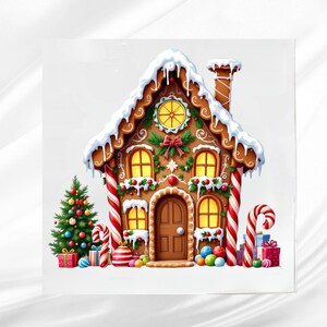 May include: A festive gingerbread house illustration with white icing, candy cane accents, and a Christmas tree. The house features a brown door, yellow windows, and a chimney. Colorful ornaments and wrapped gifts complete the holiday scene.