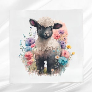 Lamb Floral Fabric Panel ~ Lamb Quilt Block ~ Square fabric panel for sewing projects