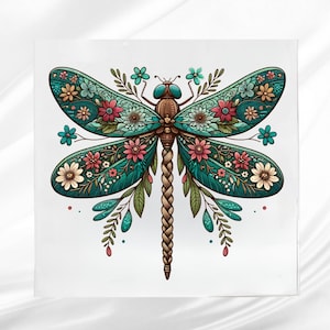Teal Floral Dragonfly Fabric Panel: Sewing & Quilting Square