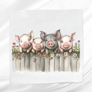 Pigs looking over Fence Fabric Panel ~ Piglet Quilt Block ~ Square fabric panel for sewing projects