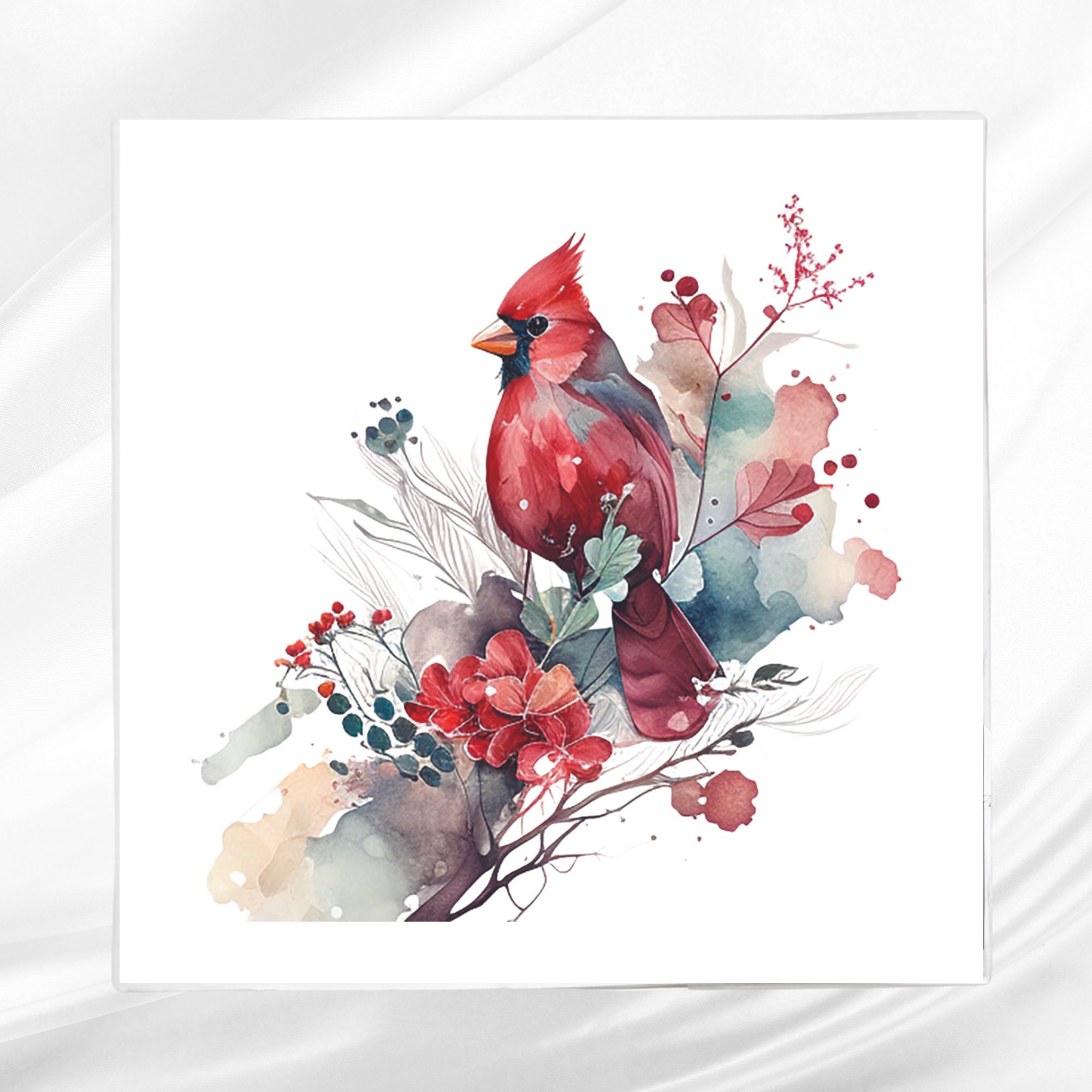 Cardinal Fabric Panel ~ Cardinal Quilt Block ~ Square fabric panel for sewing projects