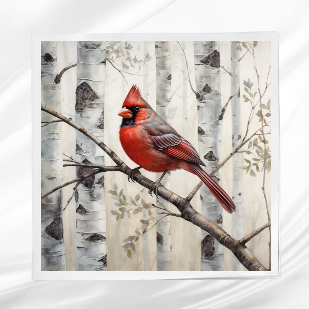 Cardinal Birch Tree Fabric Panel Cardinal Quilt Block Square Fabric
