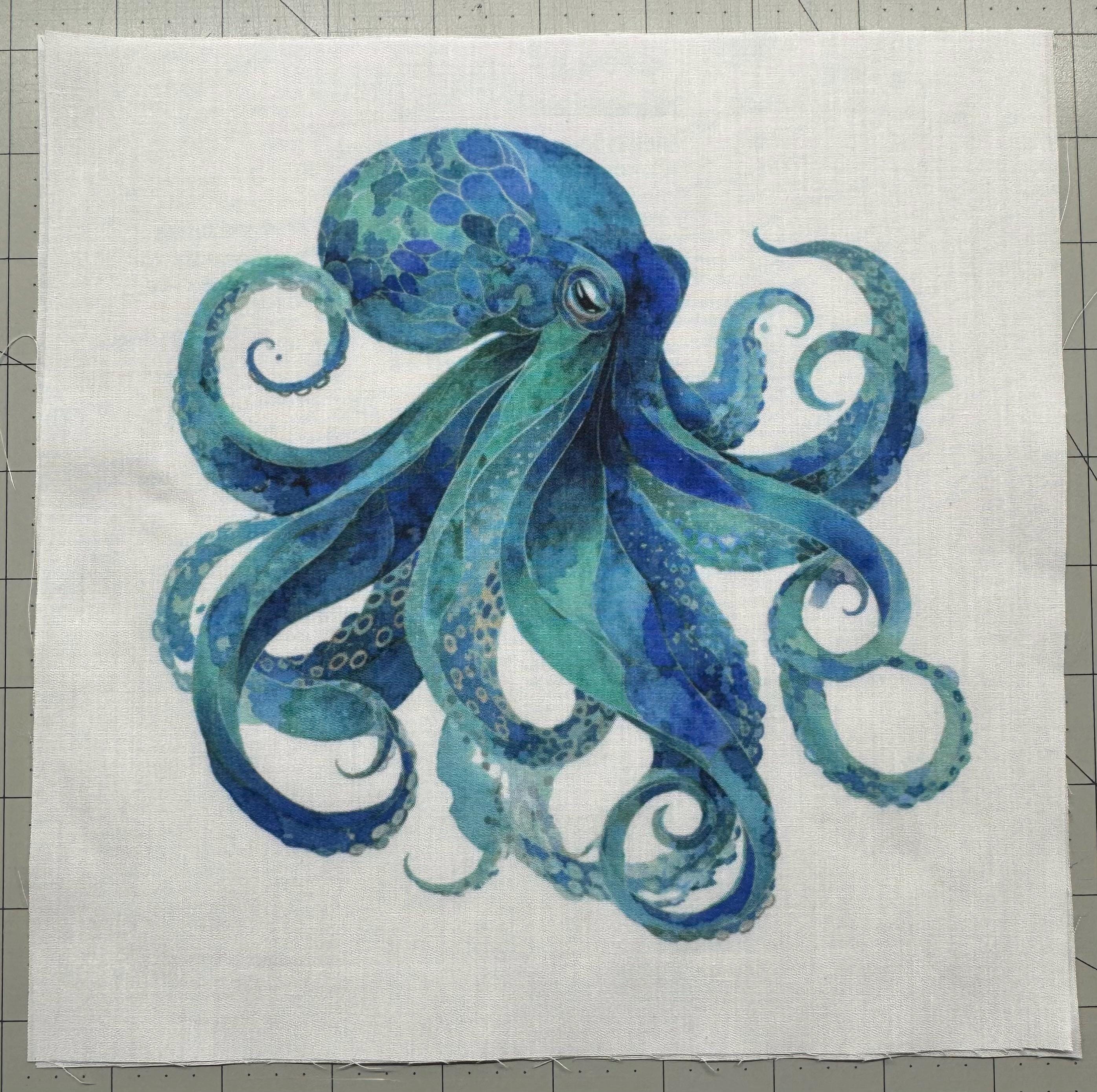 Octopus Fa Ric Panel Teal Watercolor Octopus Fabric Panel: Cotton Blend Quilt Block - Etsy