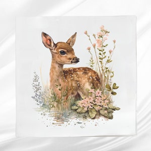 Floral Fawn Fabric Panel ~ Fawn Quilt Block ~ Square fabric panel for sewing projects