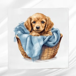 Puppy in Basket Fabric Panel: Sewing & Quilting Square