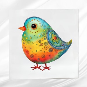 Folk Art Bird Fabric Panel: Colorful Quilt Square