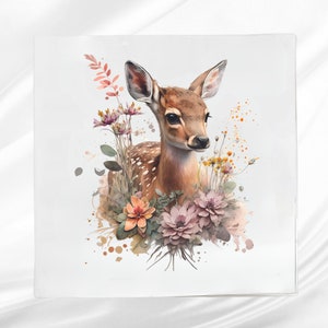 Floral Fawn Fabric Panel ~ Fawn Quilt Panel ~ Square fabric panel for sewing projects