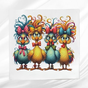May include: Four colorful cartoon chickens with large eyes, bows, and crazy hair. The chickens are standing in a row and are facing forward. The background is white.