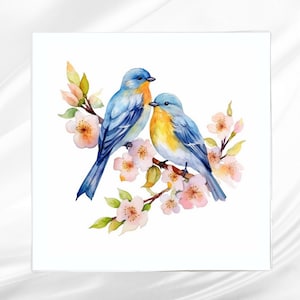 Blue Bird Couple Fabric Panel: Floral Quilt Block